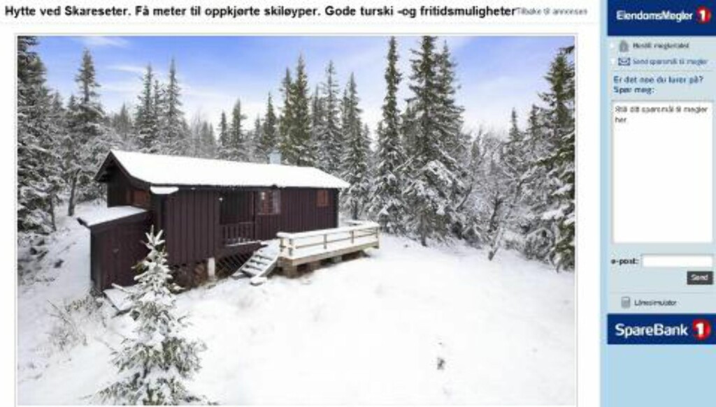TRADISJON: Hytte ved Skareseter i Eggedal. Prisantydning 800 000 kroner. Primærrom 52 kvadratmeter og to soverom. Tomta er på 80 kvadratmeter festetomt. Byggeår 1970. Faksimile: Finn.no TRADISJON: Hytte ved Skareseter i Eggedal. Prisantydning 800 000 kroner. Primærrom 52 kvadratmeter og to soverom. Tomta er på 80 kvadratmeter festetomt. Byggeår 1970. Faksimile: Finn.no