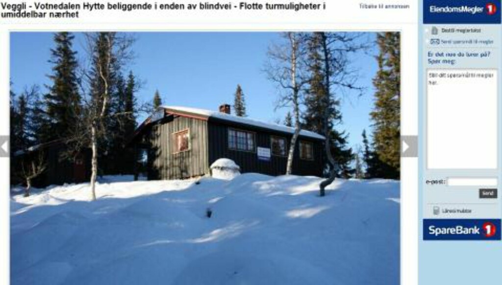 AVSKJERMET: Hytte i Votnedalen i enden av blindvei på Veggli. Prisantydning 900 000 kroner. Primærrom 47 kvadratmeter og to soverom. Tomt er festetomt. Byggeår er 1973. Faksimile: Finn.no AVSKJERMET: Hytte i Votnedalen i enden av blindvei på Veggli. Prisantydning 900 000 kroner. Primærrom 47 kvadratmeter og to soverom. Tomt er festetomt. Byggeår er 1973. Faksimile: Finn.no