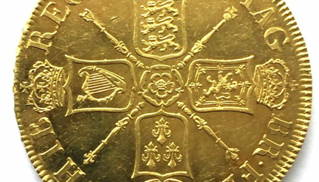<strong>EN AV 20:</strong> Gullmynten som skal auksjoneres bort er en av 20 som ble laget tidlig på 1700-tallet. Foto: Boningtons <strong>EN AV 20:</strong> Gullmynten som skal auksjoneres bort er en av 20 som ble laget tidlig på 1700-tallet. Foto: Boningtons