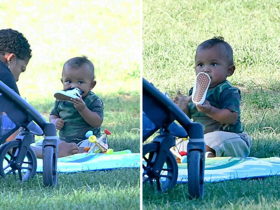 OPPTATT AV SKO: Saint West brydde seg tilsynelatende mer om skoene enn lekene sine under utflukten i parken. Foto: Splash News/ NTB Scanpix OPPTATT AV SKO: Saint West brydde seg tilsynelatende mer om skoene enn lekene sine under utflukten i parken. Foto: Splash News/ NTB Scanpix