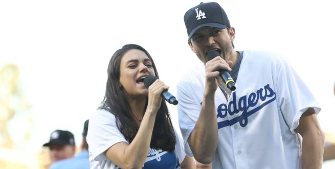 LOS ANGELES, CA - OCTOBER 19: Actors Mila Kunis and Ashton Kutcher announce the Los Angeles Dodgers starting lineup prior to game four of the National League Championship Series against the Chicago Cubs at Dodger Stadium on October 19, 2016 in Los Angeles, California. Sean M. Haffey/Getty Images/AFP
== FOR NEWSPAPERS, INTERNET, TELCOS & TELEVISION USE ONLY == LOS ANGELES, CA - OCTOBER 19: Actors Mila Kunis and Ashton Kutcher announce the Los Angeles Dodgers starting lineup prior to game four of the National League Championship Series against the Chicago Cubs at Dodger Stadium on October 19, 2016 in Los Angeles, California. Sean M. Haffey/Getty Images/AFP
== FOR NEWSPAPERS, INTERNET, TELCOS & TELEVISION USE ONLY ==