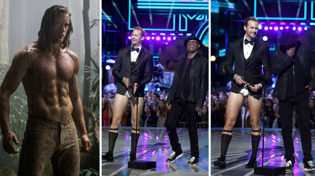 GOD STEMNING: I den kommende storfilmen «The Legend of Tarzan» (t.v) viser Alexander Skarsgård seg mye i bar overkropp. PÅ MTV Movie Awards-scenen viste han derimot frem beina til filmkollega Samuel L. Jacksons forlystelse. Foto: SF Norge/ NTB Scanpix GOD STEMNING: I den kommende storfilmen «The Legend of Tarzan» (t.v) viser Alexander Skarsgård seg mye i bar overkropp. PÅ MTV Movie Awards-scenen viste han derimot frem beina til filmkollega Samuel L. Jacksons forlystelse. Foto: SF Norge/ NTB Scanpix