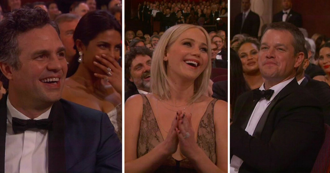 LIKTE VITSENE: Filmstjerner som (f.v) Mark Ruffalo, Priyanka Chopra (bak), Jennifer Lawrence og Matt Damon satte åpenbart stor pris på Chris Rocks harselering med Hollywood og Oscar-akademiet. Foto: NTB Scanpix LIKTE VITSENE: Filmstjerner som (f.v) Mark Ruffalo, Priyanka Chopra (bak), Jennifer Lawrence og Matt Damon satte åpenbart stor pris på Chris Rocks harselering med Hollywood og Oscar-akademiet. Foto: NTB Scanpix
