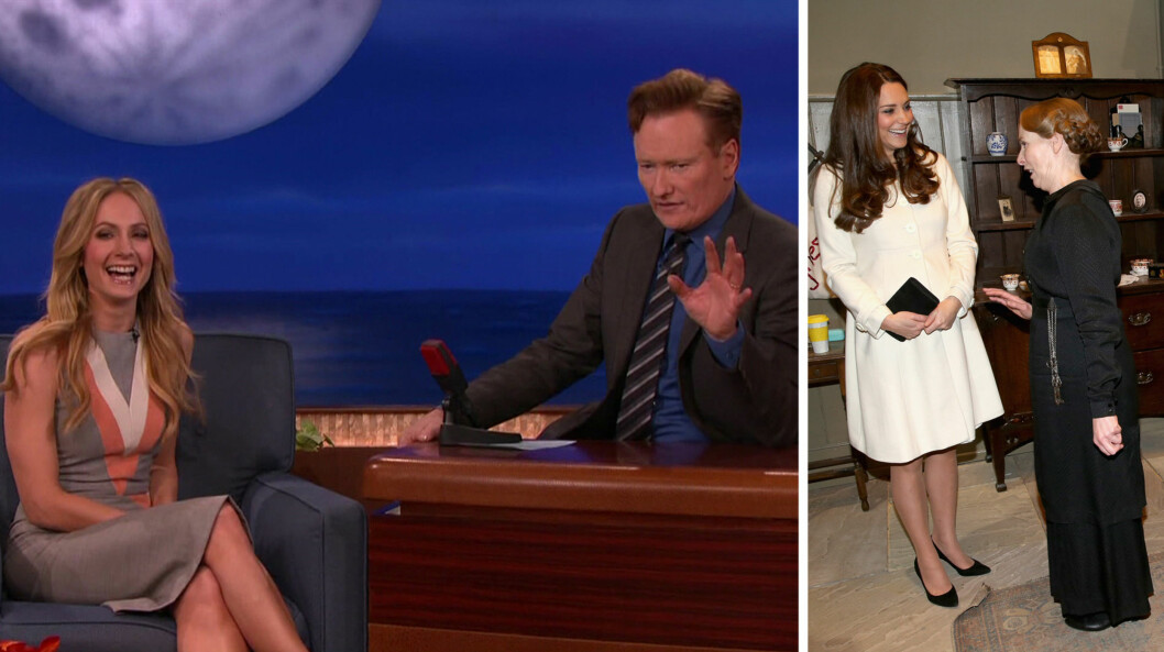 JORDNÆR HERTUGINNE: Det ble lattermildt i studio da Joanne Froggatt (t.v) fortalte talkshowvert Conan O´Brien om tabben sin. Til høyre er hertuginne Kate i samtale med skuespiller Phyllis Logan (Mrs. Hughes) på «Downton Abbey»-settet. Foto: NTB Scanpix/ Reuters JORDNÆR HERTUGINNE: Det ble lattermildt i studio da Joanne Froggatt (t.v) fortalte talkshowvert Conan O´Brien om tabben sin. Til høyre er hertuginne Kate i samtale med skuespiller Phyllis Logan (Mrs. Hughes) på «Downton Abbey»-settet. Foto: NTB Scanpix/ Reuters