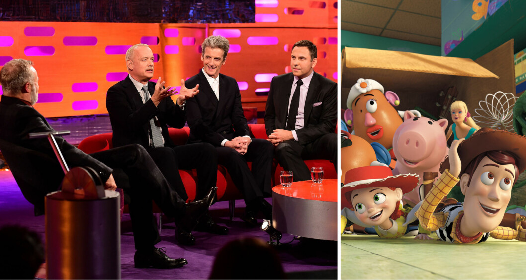 STOR STJERNE: Programleder Graham Norton og gjestene Peter Capaldi og David Walliams satt som fjetret mens Tom Hanks snakket med stor innlevelse. Siden 1990-tallet har han gitt stemme til Woody i «Toy Story»-filmene. Foto: NTB Scanpix, Disney/Pixar/Filmweb.no STOR STJERNE: Programleder Graham Norton og gjestene Peter Capaldi og David Walliams satt som fjetret mens Tom Hanks snakket med stor innlevelse. Siden 1990-tallet har han gitt stemme til Woody i «Toy Story»-filmene. Foto: NTB Scanpix, Disney/Pixar/Filmweb.no