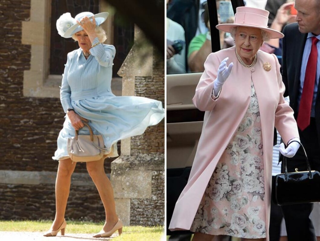 VÅRLIG STIL: Camilla, hertuginne av Cornwall, hadde et lite «Marilyn Moment» i sin isblå drakt på vei inn i kirken. Dronning Elizabeth hilste folket i en pastellrosa kåpe og matchende, blomstrete kjole. Foto: NTB Scanpix VÅRLIG STIL: Camilla, hertuginne av Cornwall, hadde et lite «Marilyn Moment» i sin isblå drakt på vei inn i kirken. Dronning Elizabeth hilste folket i en pastellrosa kåpe og matchende, blomstrete kjole. Foto: NTB Scanpix