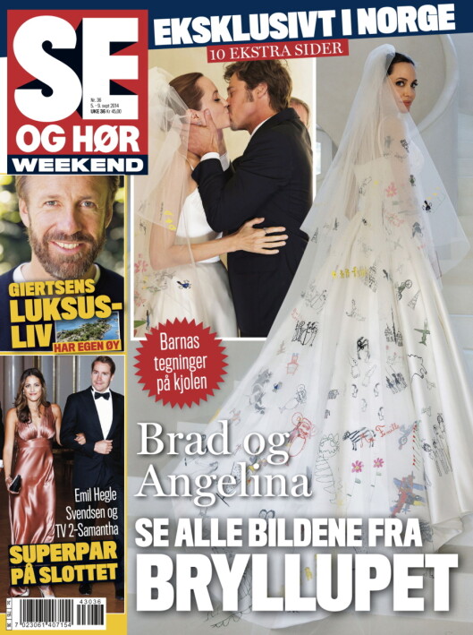 SPESIELL: Angelinas spesiallagde brudekjole og brudeslør var også dekorert med kreasjonene til barna hennes. Foto: Faksimilie Se og Hør SPESIELL: Angelinas spesiallagde brudekjole og brudeslør var også dekorert med kreasjonene til barna hennes. Foto: Faksimilie Se og Hør