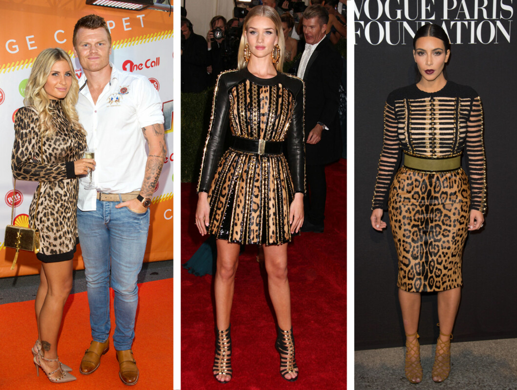 LEOPARD: Louise Angelica Riise var kledd i leopardmønstret designkjole fra Balmain da hun og ektemannen var på filmpremiere i Oslo fredag. Modellen Rosie Huntington-Whiteley (midten) var kledd i en skinnkjole fra samme kolleksjon på galla i mai. Realitystjernen Kim Kardashian (t.h.) falt for skjørtet fra samme merke. Foto: Andreas Fadum/Se og Hør/All Over LEOPARD: Louise Angelica Riise var kledd i leopardmønstret designkjole fra Balmain da hun og ektemannen var på filmpremiere i Oslo fredag. Modellen Rosie Huntington-Whiteley (midten) var kledd i en skinnkjole fra samme kolleksjon på galla i mai. Realitystjernen Kim Kardashian (t.h.) falt for skjørtet fra samme merke. Foto: Andreas Fadum/Se og Hør/All Over