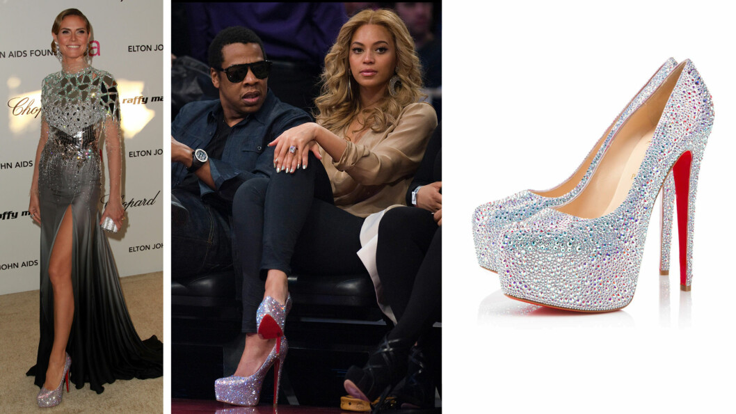 HØYT PÅ STRÅ: Louise Angelica giftet seg i Christian Louboutins glitrende pumps med 16 centimeter høy hæl. Beyoncé brukte de samme skoene på baskeballkamp i 2011, mens Heidi Klum viste de frem på galla. Foto: All Over/FameFlynet/Christian Louboutin HØYT PÅ STRÅ: Louise Angelica giftet seg i Christian Louboutins glitrende pumps med 16 centimeter høy hæl. Beyoncé brukte de samme skoene på baskeballkamp i 2011, mens Heidi Klum viste de frem på galla. Foto: All Over/FameFlynet/Christian Louboutin