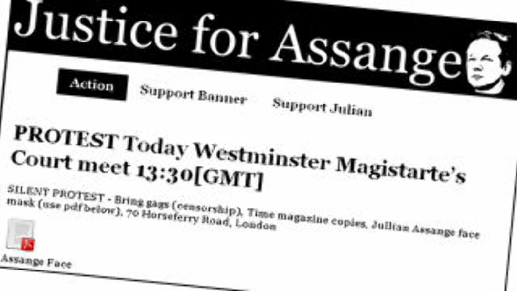 <strong>VARSLER DEMO:</strong> Kort tid etter at det ble kjent at Wikileaks-sjef Julian Assange hadde blitt pågrepet av politiet 9.30 lokal tid inviterte støttespillerne hans til stille protest. Foto: Faksimile <strong>VARSLER DEMO:</strong> Kort tid etter at det ble kjent at Wikileaks-sjef Julian Assange hadde blitt pågrepet av politiet 9.30 lokal tid inviterte støttespillerne hans til stille protest. Foto: Faksimile