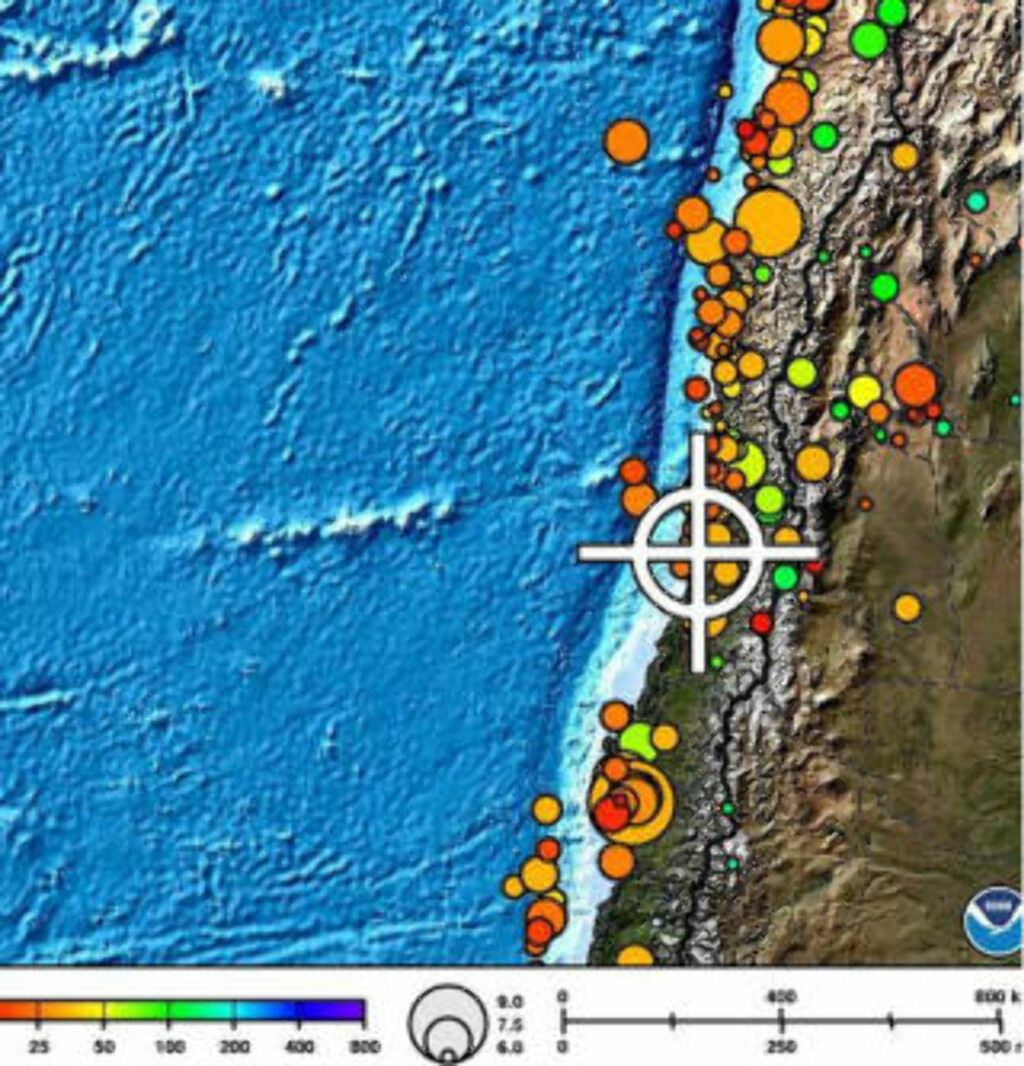VED KYSTEN: Chile er rammet av flere etterskjelv. Skadene etter dagens skjelv er ikke kjent. Skjermdump: NOAA VED KYSTEN: Chile er rammet av flere etterskjelv. Skadene etter dagens skjelv er ikke kjent. Skjermdump: NOAA