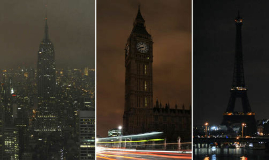 SLOKKET: New Yorks Empire State Building, Londons Big Ben og Paris' Eiffeltårnet slokket - nesten alle - lysene under Earth Hour-markeringen i fjor. Foto: AFP SLOKKET: New Yorks Empire State Building, Londons Big Ben og Paris' Eiffeltårnet slokket - nesten alle - lysene under Earth Hour-markeringen i fjor. Foto: AFP