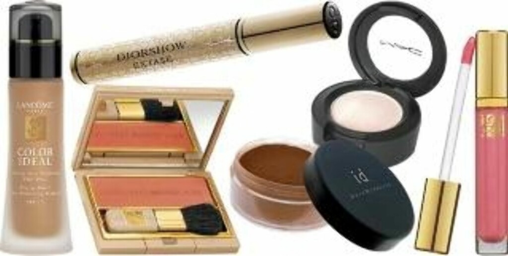 FRA VENSTRE: Lancôme Color Ideal foundation (kr 365), Dior Diorshow Extase Mascara (kr 280), Michael Kors for Estée Lauder rouge i fargen Very Hollywood (kr 345), i.d. Bare Minerals solpudder i fargen Warmth (kr 339), Mac Eyeshadow i fargen Vanilla (kr 140), Estée Lauder Pure Color Gloss i fargen Pink (kr 210) Foto: Svein-Erik Tøraasen, produsenten FRA VENSTRE: Lancôme Color Ideal foundation (kr 365), Dior Diorshow Extase Mascara (kr 280), Michael Kors for Estée Lauder rouge i fargen Very Hollywood (kr 345), i.d. Bare Minerals solpudder i fargen Warmth (kr 339), Mac Eyeshadow i fargen Vanilla (kr 140), Estée Lauder Pure Color Gloss i fargen Pink (kr 210) Foto: Svein-Erik Tøraasen, produsenten