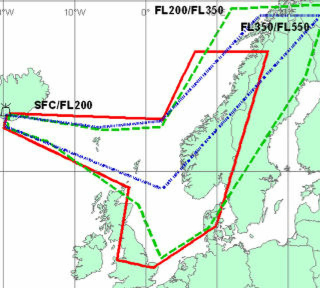 NORGE PÅVIRKES: Rød: Fra bakken til 20 000 fot. Grønn: Fra 20 000 til 35 000 fot. Blå: Fra 35 000 til 55 000 fot. NORGE PÅVIRKES: Rød: Fra bakken til 20 000 fot. Grønn: Fra 20 000 til 35 000 fot. Blå: Fra 35 000 til 55 000 fot.