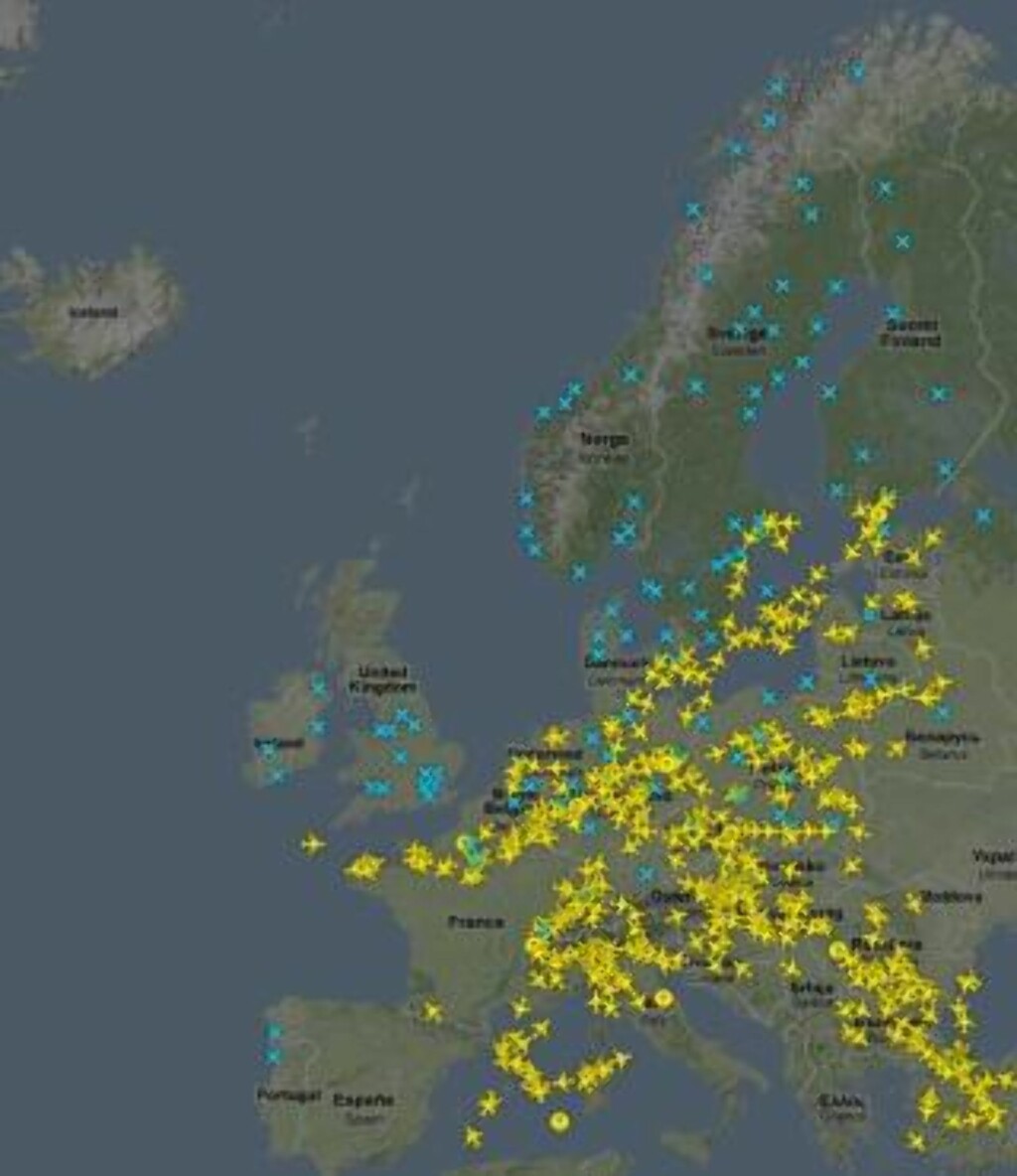 FLYTRAFIKKEN RAMMET: TOMT: Luftrommet over Skandinavia, England, Spania, Portugal og Frankrike er stengt. Grafikk: Flightradar24.com FLYTRAFIKKEN RAMMET: TOMT: Luftrommet over Skandinavia, England, Spania, Portugal og Frankrike er stengt. Grafikk: Flightradar24.com