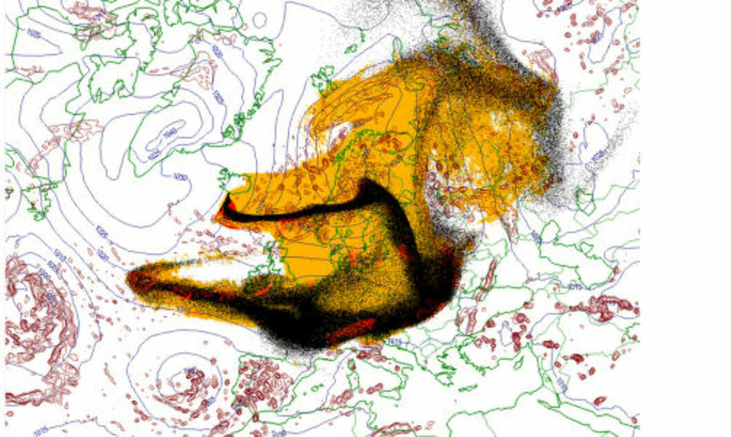 ASKEPROGNOSE over Europa for 17. april 2010 kl. 15. Gult felt: Oppsamlet nedfall; aske som har falt ned av seg selv. Rødt felt: Oppsamlet nedfall: aske som har falt ned som følge av nedbør. Sort felt: Her er askeskyen akkurat nå. Kilde: Meteorologisk institutt. ASKEPROGNOSE over Europa for 17. april 2010 kl. 15. Gult felt: Oppsamlet nedfall; aske som har falt ned av seg selv. Rødt felt: Oppsamlet nedfall: aske som har falt ned som følge av nedbør. Sort felt: Her er askeskyen akkurat nå. Kilde: Meteorologisk institutt.