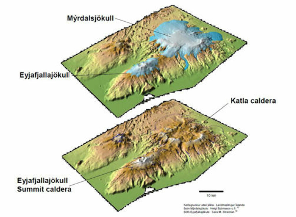 «DANSER TANGO»: Eyjafjallajökull og Katla ligger bare 20 km fra hverandre. En kaldera er for øvrig ikke et aktivt krater, men en nedsynkning etter at vulkanen har tømt seg ferdig. Som vist i dette bildet er det betydelig størrelsesforskjell mellom Eyafjallajökulls kaldera og den du finner på storesøster Katla.
Grafikk: LANDMÆLINGAR ÍSLANDS, HELGI BJÖRNSSON, SARA M. STRACHAN, M.FL. «DANSER TANGO»: Eyjafjallajökull og Katla ligger bare 20 km fra hverandre. En kaldera er for øvrig ikke et aktivt krater, men en nedsynkning etter at vulkanen har tømt seg ferdig. Som vist i dette bildet er det betydelig størrelsesforskjell mellom Eyafjallajökulls kaldera og den du finner på storesøster Katla.
Grafikk: LANDMÆLINGAR ÍSLANDS, HELGI BJÖRNSSON, SARA M. STRACHAN, M.FL.