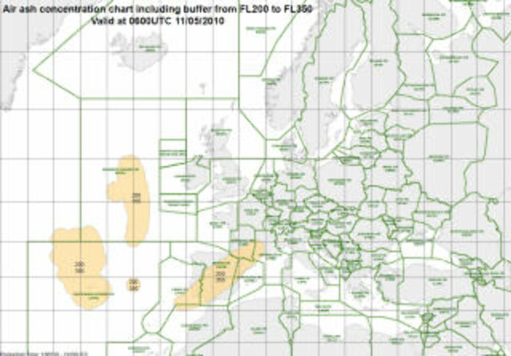 NEDSATT KAPASITET: Askevarselet for 20 000 til 35 000 fører til kapasitetsreduksjon i deler av luftrommet over Spania. Grafikk: EUROCONTROL NEDSATT KAPASITET: Askevarselet for 20 000 til 35 000 fører til kapasitetsreduksjon i deler av luftrommet over Spania. Grafikk: EUROCONTROL
