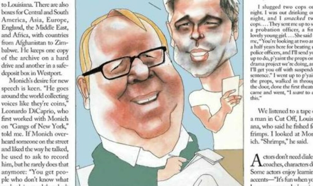 NORSK VERSJON: Brad Pitt og dialektcoach Tim Monich er sett med norske øyne i den nyeste utgaven av The New Yorker. Faksimile: The New Yorker NORSK VERSJON: Brad Pitt og dialektcoach Tim Monich er sett med norske øyne i den nyeste utgaven av The New Yorker. Faksimile: The New Yorker