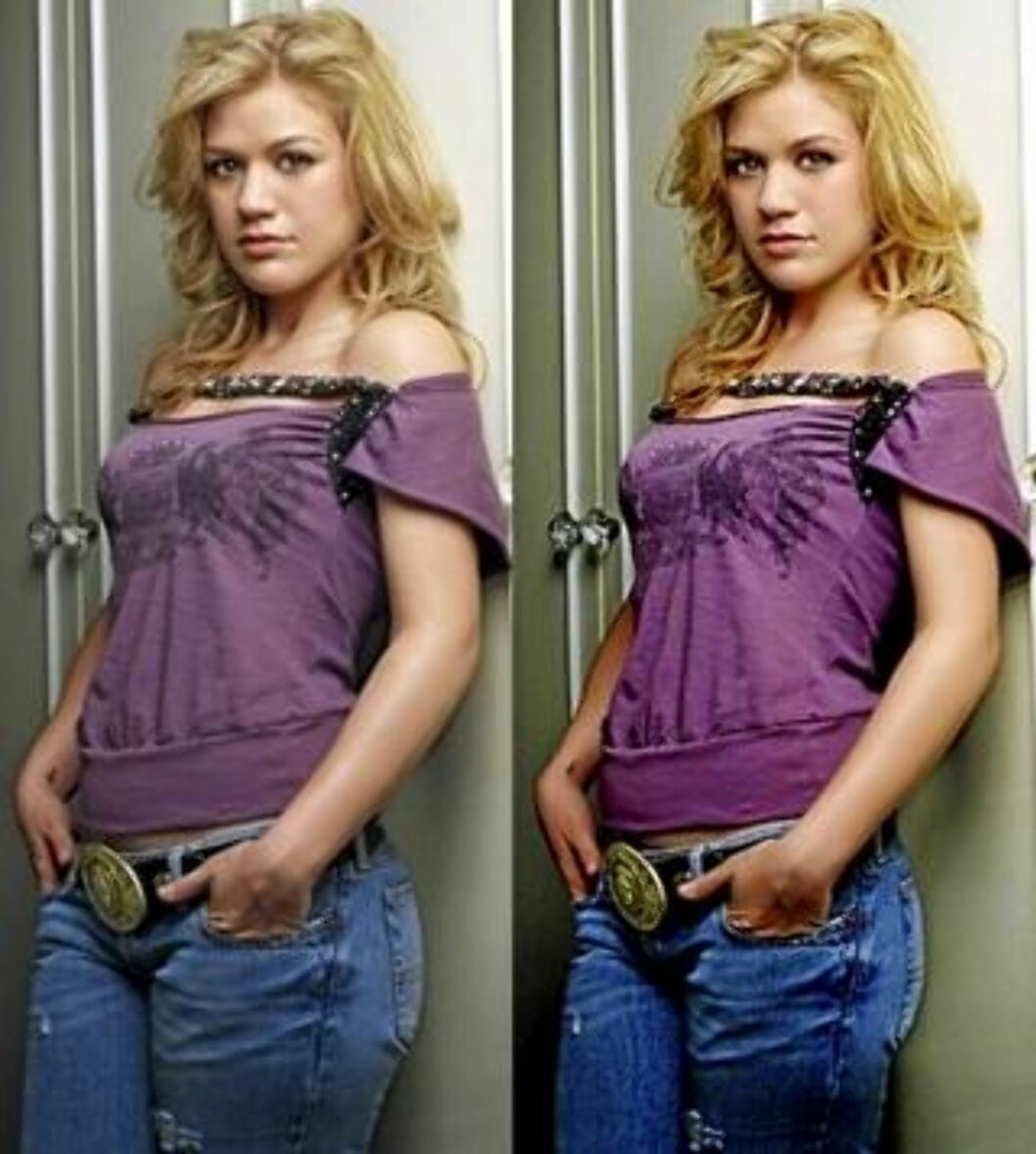 <strong>FØR OG ETTER:</strong> Kelly Clarkson har blitt smalere i ansiktet, samt fått tynnere lår på bidlet til høyre. Printscreen: iWanex Studio <strong>FØR OG ETTER:</strong> Kelly Clarkson har blitt smalere i ansiktet, samt fått tynnere lår på bidlet til høyre. Printscreen: iWanex Studio