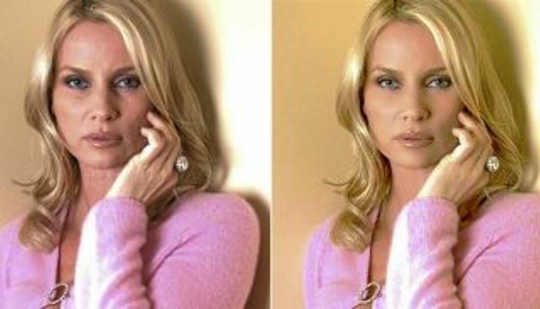<strong>FØR OG ETTER:</strong> Nicollette Sheridan ser yngre og freshere ut på det retusjerte bildet til høyre. Det til venstre er det originale. Printscreen: iWanex Studio <strong>FØR OG ETTER:</strong> Nicollette Sheridan ser yngre og freshere ut på det retusjerte bildet til høyre. Det til venstre er det originale. Printscreen: iWanex Studio