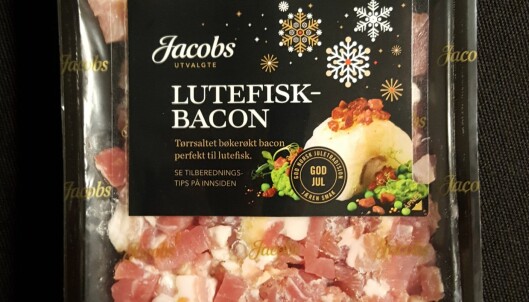DOBBEL PRIS: Norgesgruppens «lutefiskbacon» er dobbelt så dyr som vanlige baconterninger .Foto: Matkontrollen TV2 DOBBEL PRIS: Norgesgruppens «lutefiskbacon» er dobbelt så dyr som vanlige baconterninger .Foto: Matkontrollen TV2