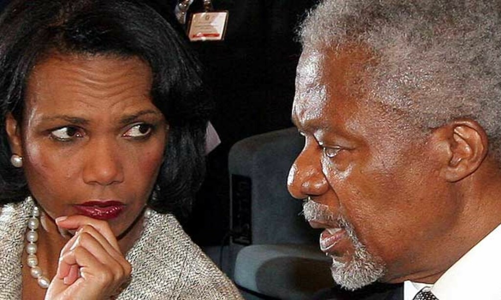 IKKE FORNØYD: USAs utenriksminister Condoleezza Rice er ikke fornøyd med Kofi Annans siste tale som generalsekretær i FN. Hun mener han utelater det positive USA har bidradd med i verden. Foto: SCANPIX/AP IKKE FORNØYD: USAs utenriksminister Condoleezza Rice er ikke fornøyd med Kofi Annans siste tale som generalsekretær i FN. Hun mener han utelater det positive USA har bidradd med i verden. Foto: SCANPIX/AP