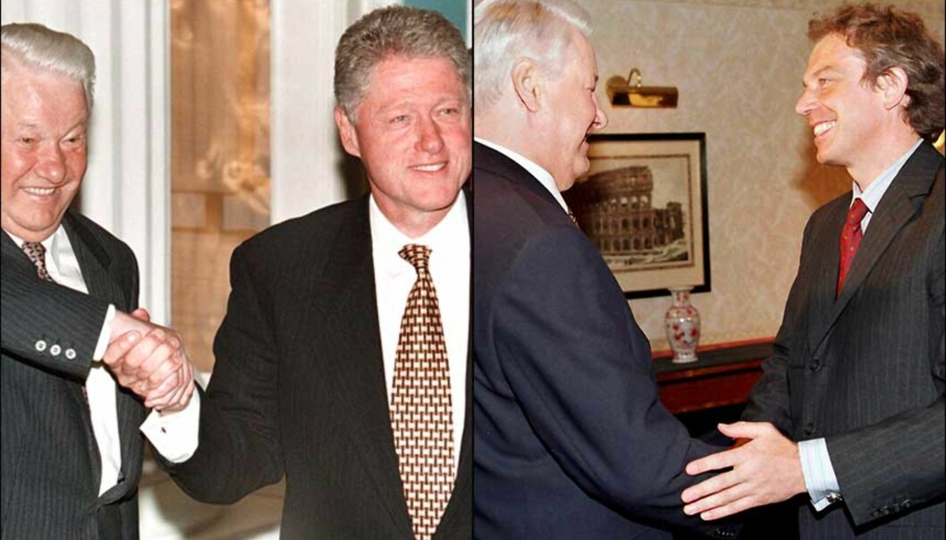 <b>VESTENS VENN</b> I likhet med Mikhail Gorbatsjov, syntes Boris Jeltsin det var viktig å pleie gode bånd med utenlandske statsledere. Her poserer han sammen med Bill Clinton og Tony Blair i 1998. Foto: EPA/SCANPIX. <b>VESTENS VENN</b> I likhet med Mikhail Gorbatsjov, syntes Boris Jeltsin det var viktig å pleie gode bånd med utenlandske statsledere. Her poserer han sammen med Bill Clinton og Tony Blair i 1998. Foto: EPA/SCANPIX.