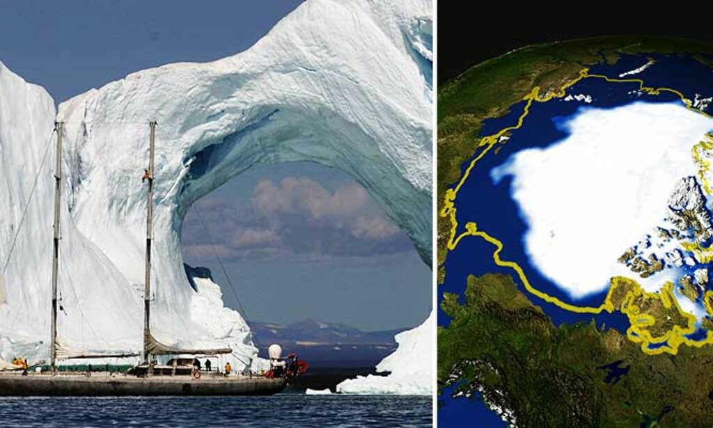 SKAL PÅ TOKT: Skonnerter skal i vinter ligge fastlåst i ismassene for å følge strømmene i Arktis. Underveis tar de målinger som sendes til forskere i Europa. Til høyre ser man hvordan havisen over Arktis har trukket seg tilbake de siste årene. Foto: Francis Latreille/ADO / AFP PHOTO/HO/NASA SKAL PÅ TOKT: Skonnerter skal i vinter ligge fastlåst i ismassene for å følge strømmene i Arktis. Underveis tar de målinger som sendes til forskere i Europa. Til høyre ser man hvordan havisen over Arktis har trukket seg tilbake de siste årene. Foto: Francis Latreille/ADO / AFP PHOTO/HO/NASA