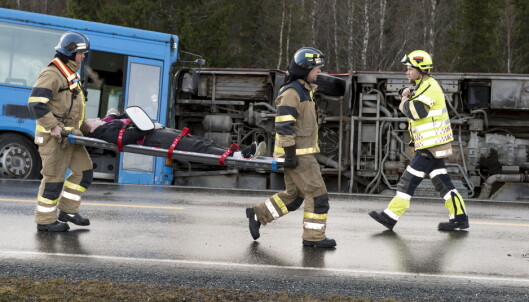 <strong>OPPDIKTET SCENARIO:</strong> «To busser har kollidert. Ukjent skadeomfang!» var beskjeden som gikk ut på det felles norsk-svenske nødnettet under den store felles øvelsen i Meråker i fjor. Foto: Ned Alley / NTB Scanpix <strong>OPPDIKTET SCENARIO:</strong> «To busser har kollidert. Ukjent skadeomfang!» var beskjeden som gikk ut på det felles norsk-svenske nødnettet under den store felles øvelsen i Meråker i fjor. Foto: Ned Alley / NTB Scanpix