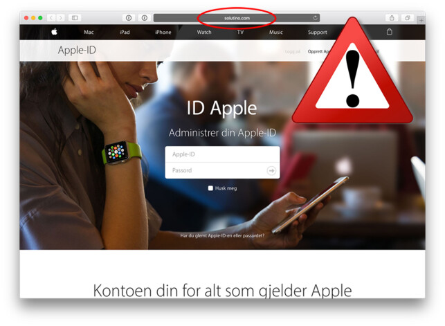 SJEKK ADRESSA: Etter å ha fulgt den falske lenka havnet man på denne falske Apple-ID-innloggingen. Ved å sjekke adressefeltet øverst ser man nok en gang at dette ikke er ekte saker. Foto: Eplehuset SJEKK ADRESSA: Etter å ha fulgt den falske lenka havnet man på denne falske Apple-ID-innloggingen. Ved å sjekke adressefeltet øverst ser man nok en gang at dette ikke er ekte saker. Foto: Eplehuset