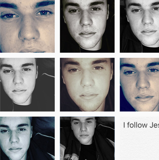 SAMME BILDE: Justin brukte forskjellige type filter på hvert av de åtte, like bildene. Han er jo en kjekkas, da. FOTO: Skjermdump/Instagram SAMME BILDE: Justin brukte forskjellige type filter på hvert av de åtte, like bildene. Han er jo en kjekkas, da. FOTO: Skjermdump/Instagram