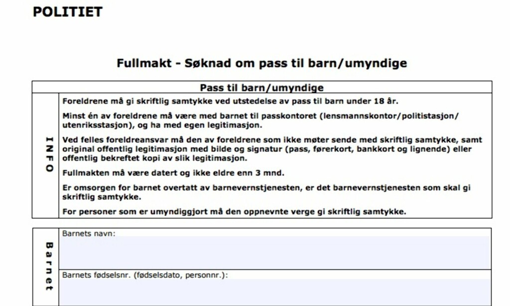 Husmanss: Fullmakt Reise Med Barn Skjema