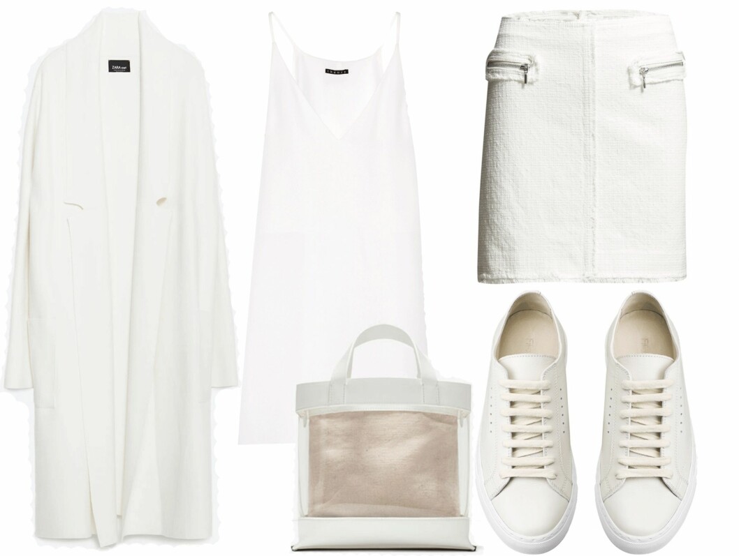 HELHVITT: Kåpe fra Zara, kr 799. Tunika fra Theory via Net-a-porter.com, kr 2626. Veske fra Zara, kr 299. Skjørt fra Esprit via Boozt.com, kr 599. Sneakers fra Filippa K, kr 1400. Foto: Produsentene, Net-a-porter.com, Boozt.com HELHVITT: Kåpe fra Zara, kr 799. Tunika fra Theory via Net-a-porter.com, kr 2626. Veske fra Zara, kr 299. Skjørt fra Esprit via Boozt.com, kr 599. Sneakers fra Filippa K, kr 1400. Foto: Produsentene, Net-a-porter.com, Boozt.com