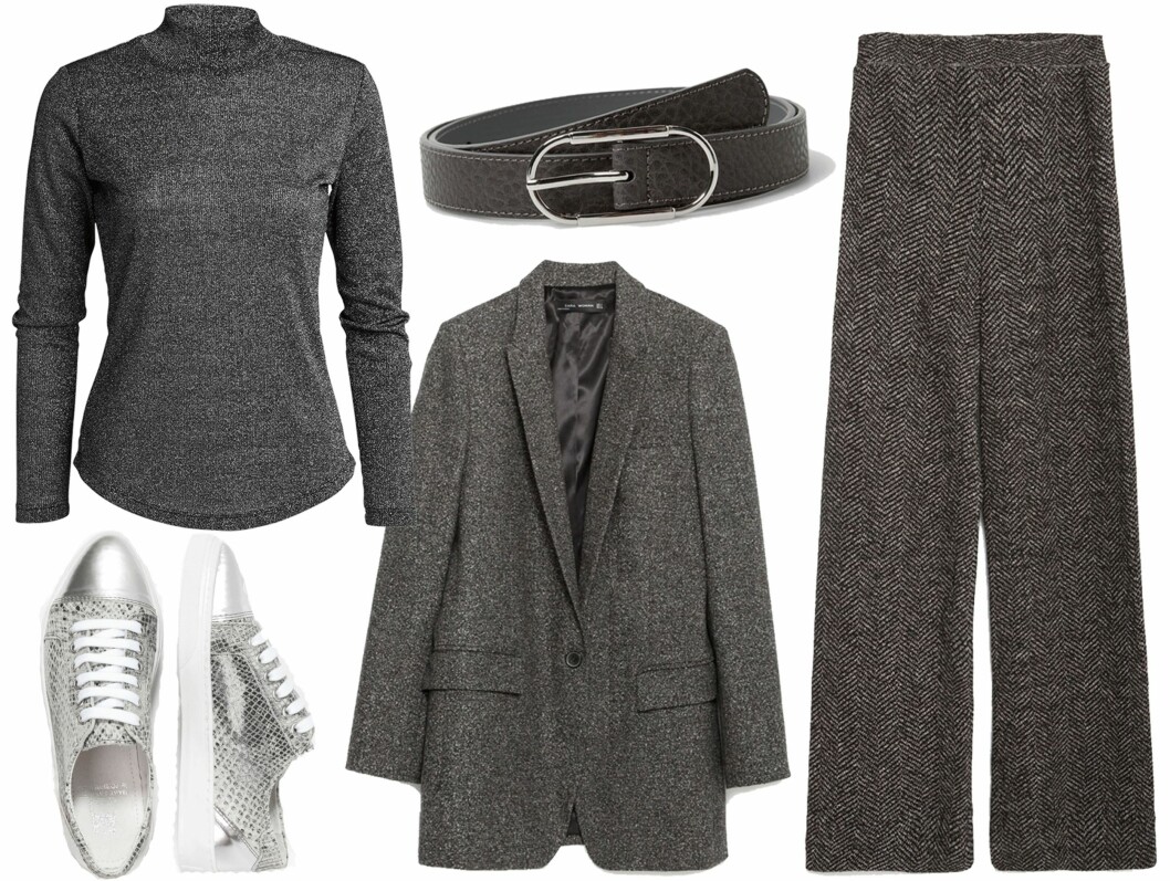 HELGRÅTT: Genser fra Lindex, kr 199. Sneakers fra Boom Bap via Zalando.no, kr 1195. Belte fra Mango, kr 149. Dressjakke fra Zara, kr 999. Bukse fra Zara, kr 559. Foto: Produsentene, Zalando.no HELGRÅTT: Genser fra Lindex, kr 199. Sneakers fra Boom Bap via Zalando.no, kr 1195. Belte fra Mango, kr 149. Dressjakke fra Zara, kr 999. Bukse fra Zara, kr 559. Foto: Produsentene, Zalando.no
