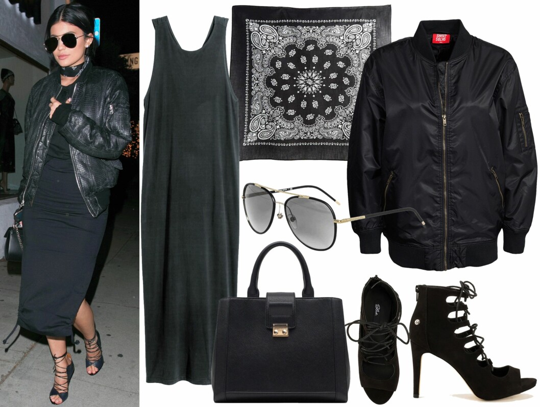 STJEL STILEN TIL KYLIE JENNER: Kjole fra H&M, kr 399. Bandana fra Asos.com, kr 78. Solbriller fra Burberry via Zalando.no, kr 1295. Veske fra Zara, kr 559. Bomberjakke fra Sweet via Nelly.com, kr 699. Hæler fra Blink via Nelly.com, kr 649. Foto: Produsentene, Zalando.no, Nelly.com, Asos.com STJEL STILEN TIL KYLIE JENNER: Kjole fra H&M, kr 399. Bandana fra Asos.com, kr 78. Solbriller fra Burberry via Zalando.no, kr 1295. Veske fra Zara, kr 559. Bomberjakke fra Sweet via Nelly.com, kr 699. Hæler fra Blink via Nelly.com, kr 649. Foto: Produsentene, Zalando.no, Nelly.com, Asos.com