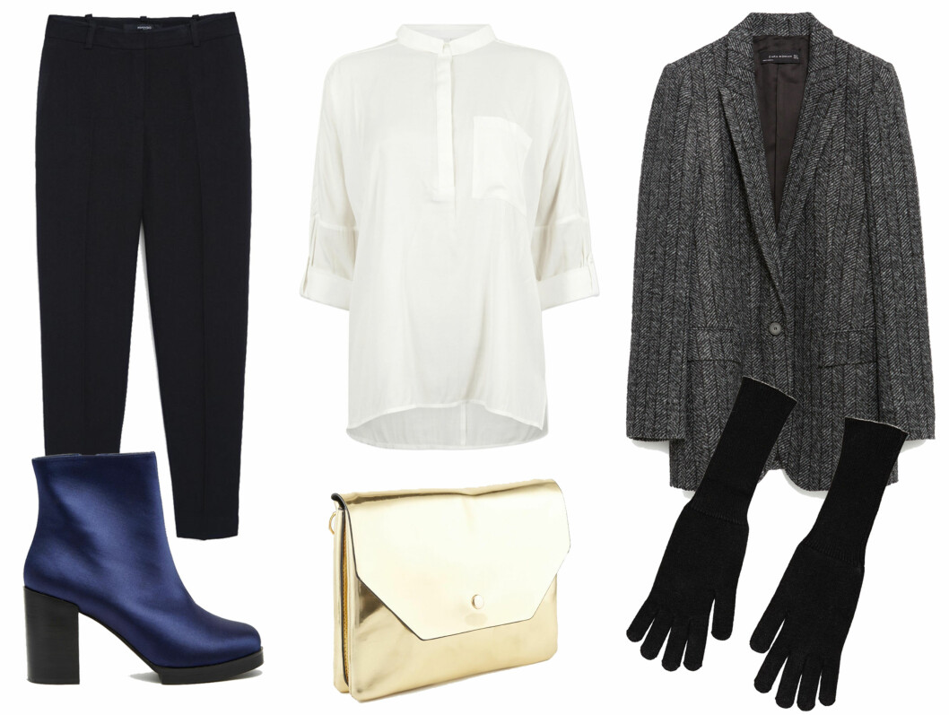 Bukse fra Mango, kr 349. Hvit skjorte fra Cubus, kr 199. Blazer fra Zara, kr 999. Støvletter fra Asos, kr 590. Veske fra Monki via Asos, kr 200. Hansker fra Zara, kr 99. Foto: Produsentene, Asos.com, Zalando.com Bukse fra Mango, kr 349. Hvit skjorte fra Cubus, kr 199. Blazer fra Zara, kr 999. Støvletter fra Asos, kr 590. Veske fra Monki via Asos, kr 200. Hansker fra Zara, kr 99. Foto: Produsentene, Asos.com, Zalando.com