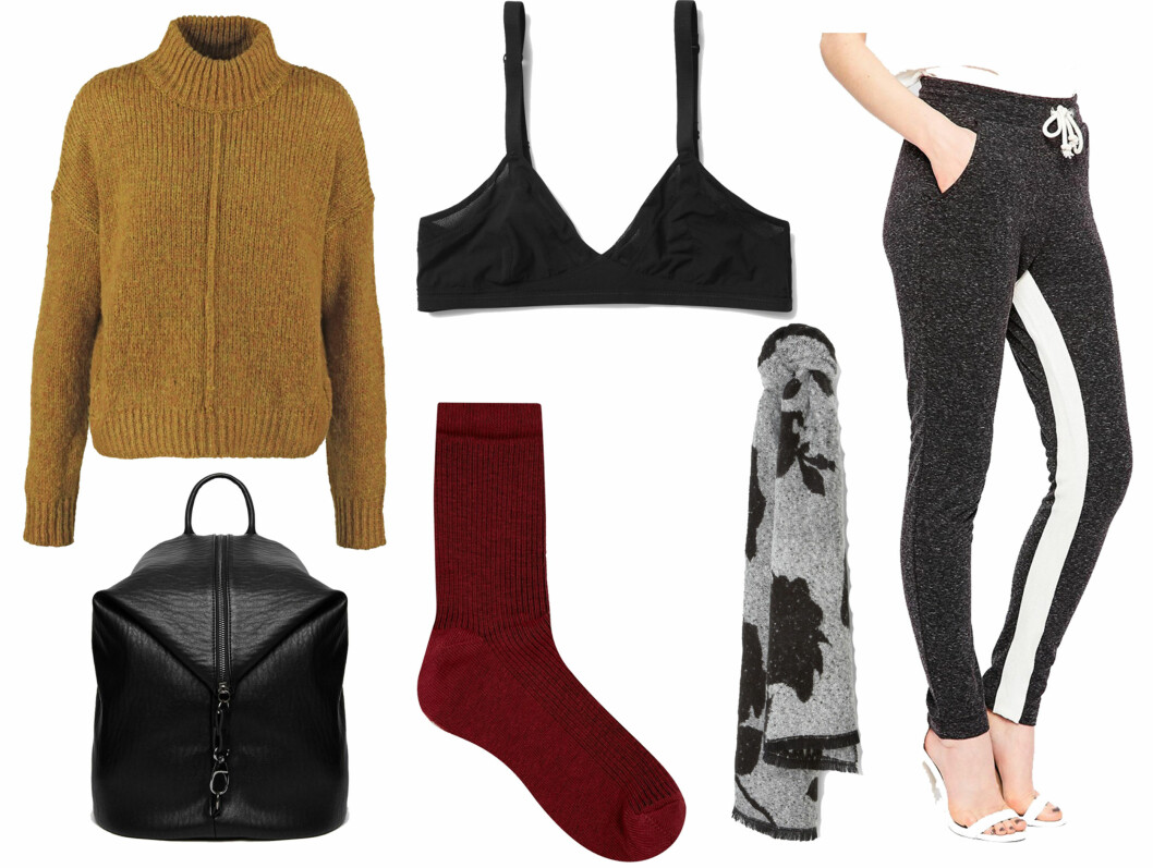 Strikkegenser fra New look via Zalando, kr 249. Sekk fra Asos, kr 460. Sokker fra Asos, kr 39. Bh fra Weekday, kr 185. Skjerf fra Mango, kr 299. Bukse fra Object via Asos, kr 239. Foto: Produsentene, Asos.com, Zalando.com Strikkegenser fra New look via Zalando, kr 249. Sekk fra Asos, kr 460. Sokker fra Asos, kr 39. Bh fra Weekday, kr 185. Skjerf fra Mango, kr 299. Bukse fra Object via Asos, kr 239. Foto: Produsentene, Asos.com, Zalando.com