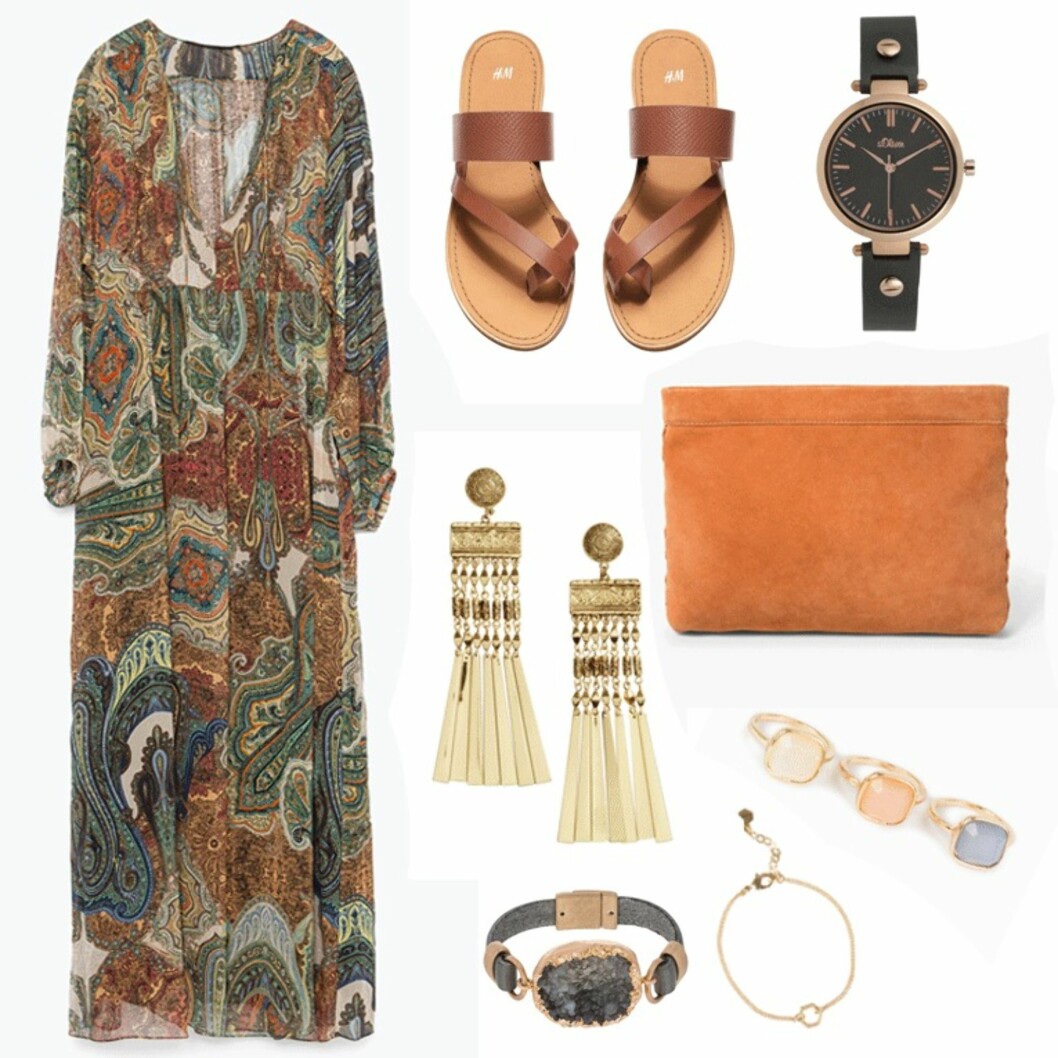 LØRDAG: Kjole fra Zara, kr 1195. Sko fra H&M, kr 199. Øredobber fra H&M, kr 99. Armbånd med stein fra Sweet Deluxe via Zalando.no, kr 249. Klokke fra s.Oliver via Zalando.no, kr 949. Clutch fra Mango, kr 299. Ringer fra New Look via Nelly.com, kr 59. Armbånd fra Pilgrim via Nelly.com, kr 199. Foto: Produsentene, Zalando.no, Nelly.com LØRDAG: Kjole fra Zara, kr 1195. Sko fra H&M, kr 199. Øredobber fra H&M, kr 99. Armbånd med stein fra Sweet Deluxe via Zalando.no, kr 249. Klokke fra s.Oliver via Zalando.no, kr 949. Clutch fra Mango, kr 299. Ringer fra New Look via Nelly.com, kr 59. Armbånd fra Pilgrim via Nelly.com, kr 199. Foto: Produsentene, Zalando.no, Nelly.com
