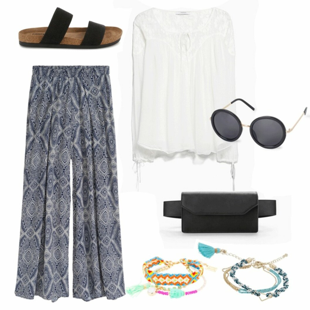 SØNDAG: Sko fra Roots via Eurosko.no, kr 499. Bukse fra H&M, kr 299. Topp fra Mango, kr 499. Solbriller fra Lindex, kr 99. Belteveske fra Mango, kr 199. Armbånd (t.v.) fra Sweet Deluxe via Zalando.no, kr 199. Armbånd (t.h.) fra Even&Odd via Zalando.no, kr 129. Foto: Produsentene, Zalando.no, Eurosko SØNDAG: Sko fra Roots via Eurosko.no, kr 499. Bukse fra H&M, kr 299. Topp fra Mango, kr 499. Solbriller fra Lindex, kr 99. Belteveske fra Mango, kr 199. Armbånd (t.v.) fra Sweet Deluxe via Zalando.no, kr 199. Armbånd (t.h.) fra Even&Odd via Zalando.no, kr 129. Foto: Produsentene, Zalando.no, Eurosko