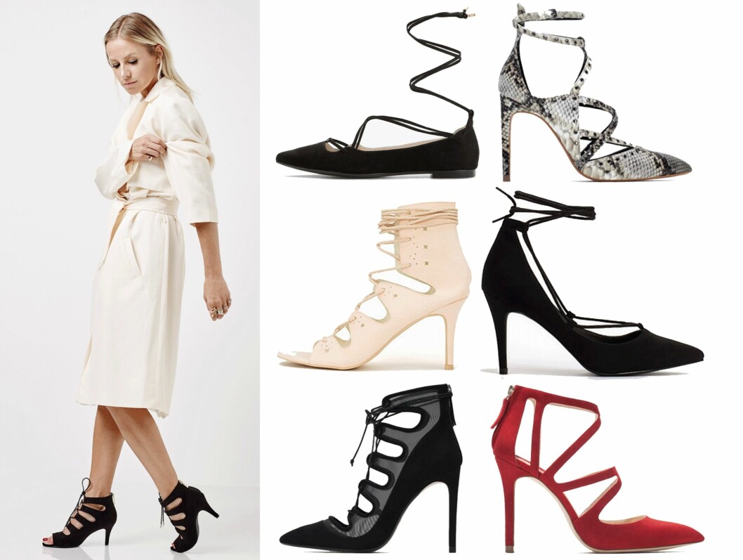 SKO MED SNØRING: Flate, svarte sko fra Mango, kr 299. Hæler med slangeprint fra Zara, kr 599. Beige hæler fra Nelly.com, kr 379. Svarte hæler i midten fra Nelly.com, kr 379. Svarte hæler med gjennomsiktige partier fra Zara, kr 599. Røde hæler fra Zara, kr 399. Skoene Celine Aagaard har på seg er fra Eurosko og koster kroner 699. Foto: Eurosko, Produsentene SKO MED SNØRING: Flate, svarte sko fra Mango, kr 299. Hæler med slangeprint fra Zara, kr 599. Beige hæler fra Nelly.com, kr 379. Svarte hæler i midten fra Nelly.com, kr 379. Svarte hæler med gjennomsiktige partier fra Zara, kr 599. Røde hæler fra Zara, kr 399. Skoene Celine Aagaard har på seg er fra Eurosko og koster kroner 699. Foto: Eurosko, Produsentene