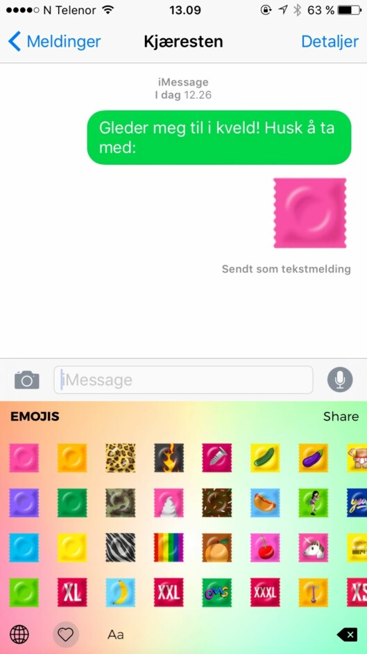 SIKKER SEX: Disse nye «kondom-emojiene» skal gjøre det enklere for unge mennesker å snakke om sikker sex. Foto: Skjermdump SIKKER SEX: Disse nye «kondom-emojiene» skal gjøre det enklere for unge mennesker å snakke om sikker sex. Foto: Skjermdump