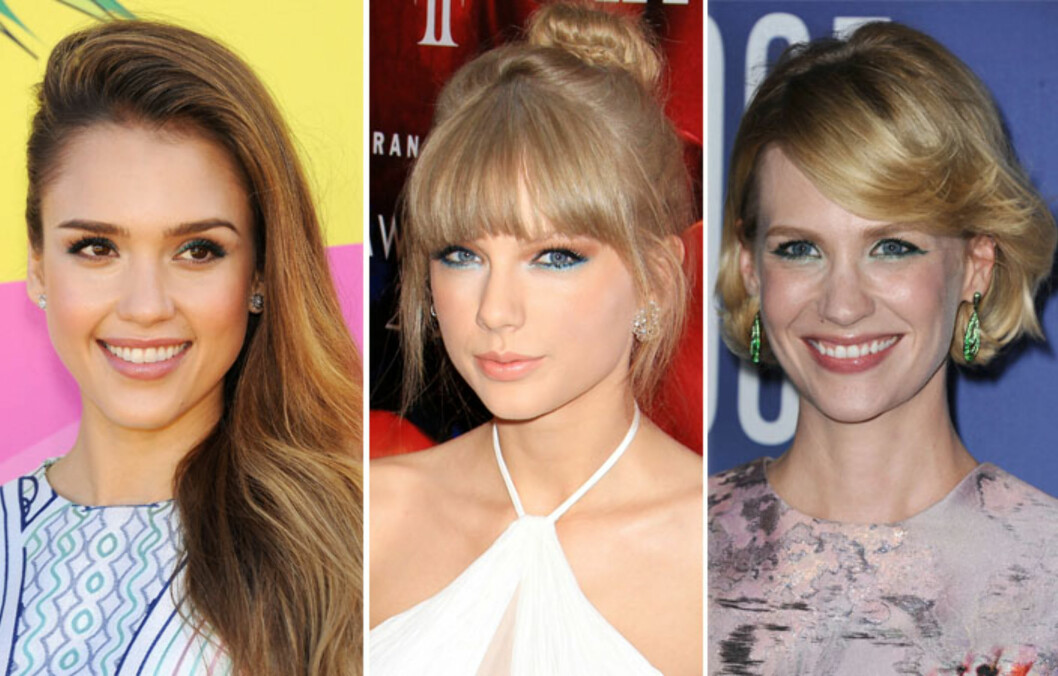 <strong>FARGET LINER:</strong> Jessica Alba, Taylor Swift og January Jones har alle hoppet på trenden med farget eyeliner. Se hvor lekkert det er! Foto: All Over Press <strong>FARGET LINER:</strong> Jessica Alba, Taylor Swift og January Jones har alle hoppet på trenden med farget eyeliner. Se hvor lekkert det er! Foto: All Over Press