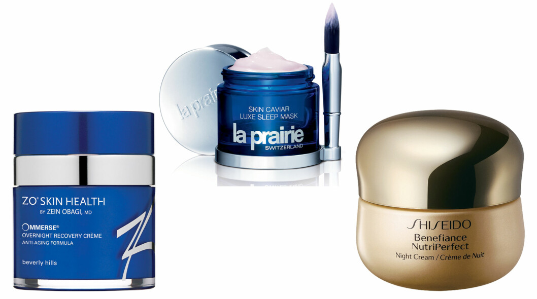Cosmeceutical: ZO Skin Health Overnight Recovery Cream skal virke i dybden, virke lindrende og gi næring til huden (kr 960, Obagi). Fuktmaske: La Prairie Skin Caviar Luxe Sleep Mask med plumpende kaviarekstrakt, fuktgivende solsikkeolje og eksfolierende enzymer (kr 2350, La Prairie). For voksen hud: Benefiance Nutriperfect Night Cream inneholder masse vitaminer slik at huden ser fornyet ut på morgenen (kr 900, Shiseido). Foto: Produsentene Cosmeceutical: ZO Skin Health Overnight Recovery Cream skal virke i dybden, virke lindrende og gi næring til huden (kr 960, Obagi). Fuktmaske: La Prairie Skin Caviar Luxe Sleep Mask med plumpende kaviarekstrakt, fuktgivende solsikkeolje og eksfolierende enzymer (kr 2350, La Prairie). For voksen hud: Benefiance Nutriperfect Night Cream inneholder masse vitaminer slik at huden ser fornyet ut på morgenen (kr 900, Shiseido). Foto: Produsentene