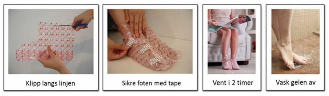 EFFEKTIVT: Om du ikke gidder å skrubbe og file, kan Baby Foot være løsningen for deg. Gir myke føtter, og alt du må gjøre er å sitte stille. Foto: Produsenten EFFEKTIVT: Om du ikke gidder å skrubbe og file, kan Baby Foot være løsningen for deg. Gir myke føtter, og alt du må gjøre er å sitte stille. Foto: Produsenten