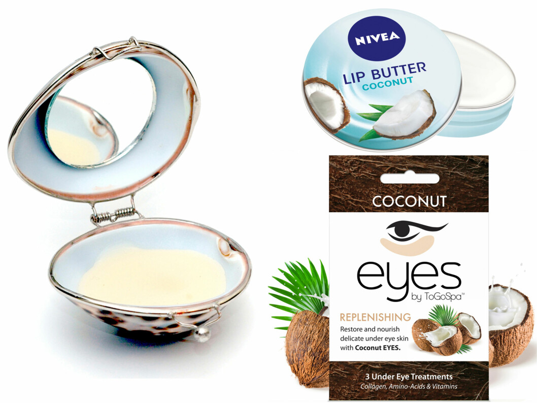 Leppebalm med blant annet kokos og macedemia (kr 180, Shell Lip Balm/greenspirit.no). Med sheasmør og mandelolje (kr 40, Nivea, Lip Butter Coconut). Lindrende øyemaske med kollagen, vitamin A og E (kr 150, To Go Spa, Eye Coconut). Foto: Produsentene Leppebalm med blant annet kokos og macedemia (kr 180, Shell Lip Balm/greenspirit.no). Med sheasmør og mandelolje (kr 40, Nivea, Lip Butter Coconut). Lindrende øyemaske med kollagen, vitamin A og E (kr 150, To Go Spa, Eye Coconut). Foto: Produsentene
