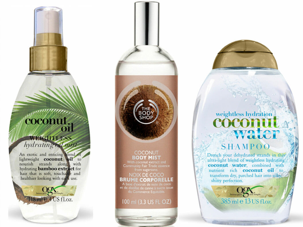 Fuktspray for håret med kokos og bambus (kr 130, Ogx, Coconut Oil Hydrating Mist). Kroppsduft med fuktighetsgivende kokosekstrakt (kr 150, The Body Shop). Sjampo for tørt hår (kr 130, Ogx, Coconut Water Shampoo). Foto: Produsentene Fuktspray for håret med kokos og bambus (kr 130, Ogx, Coconut Oil Hydrating Mist). Kroppsduft med fuktighetsgivende kokosekstrakt (kr 150, The Body Shop). Sjampo for tørt hår (kr 130, Ogx, Coconut Water Shampoo). Foto: Produsentene