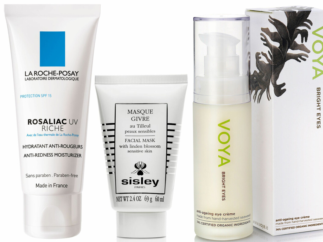 KREMER FOR SENSITIV HUD: Beroligende dagkrem med UV-filter (kr 250, La Roche-Posay, Rosaliac UV Riche), rensende maske for sart hud (kr 785, Sisley, FacialMask Linden) og anti-age øyekrem med beroligende alger (kr 540, Voya Organics, Bright Eyes). Foto: Produsentene KREMER FOR SENSITIV HUD: Beroligende dagkrem med UV-filter (kr 250, La Roche-Posay, Rosaliac UV Riche), rensende maske for sart hud (kr 785, Sisley, FacialMask Linden) og anti-age øyekrem med beroligende alger (kr 540, Voya Organics, Bright Eyes). Foto: Produsentene