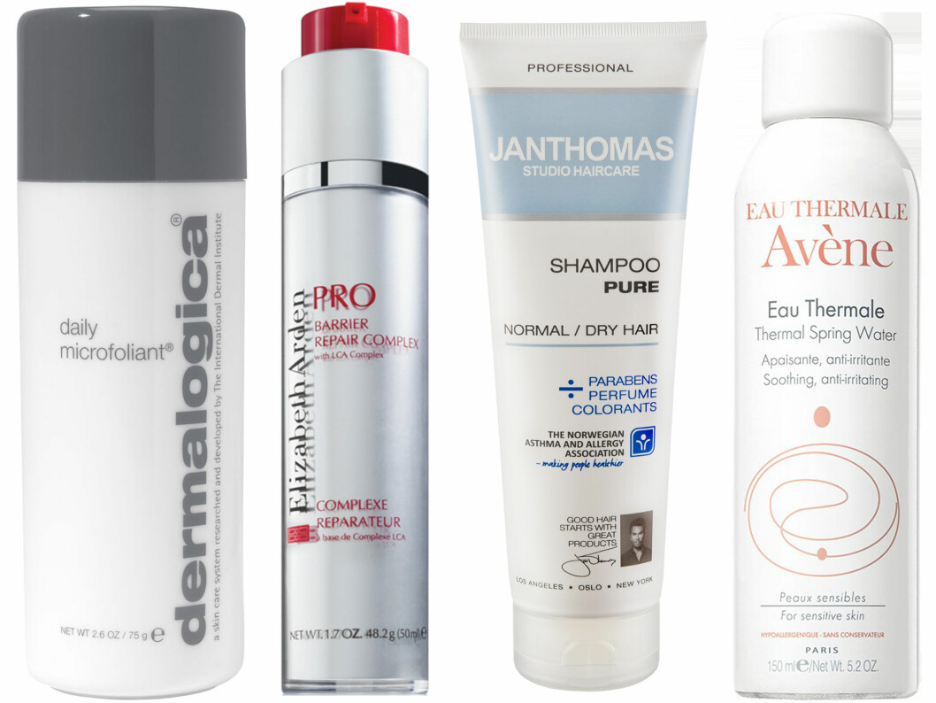 KAN HJELPE: Tørr hud må fjernes, og denne er veldig mild (kr 590, Dermalogica, Daily Microfoliant), Brukes under fuktighetskremen (kr 710, Elizabeth Arden Pro, Barrier Repair Complex), Sjampo anbefalt av Norges Astmaog Allergiforbund (kr 120, Jan Thomas, Pure Shampoo) og thermalvann med lindrende og beroligende mineraler (kr 120, Avène Thermal Spring Water). Foto: Produsentene KAN HJELPE: Tørr hud må fjernes, og denne er veldig mild (kr 590, Dermalogica, Daily Microfoliant), Brukes under fuktighetskremen (kr 710, Elizabeth Arden Pro, Barrier Repair Complex), Sjampo anbefalt av Norges Astmaog Allergiforbund (kr 120, Jan Thomas, Pure Shampoo) og thermalvann med lindrende og beroligende mineraler (kr 120, Avène Thermal Spring Water). Foto: Produsentene
