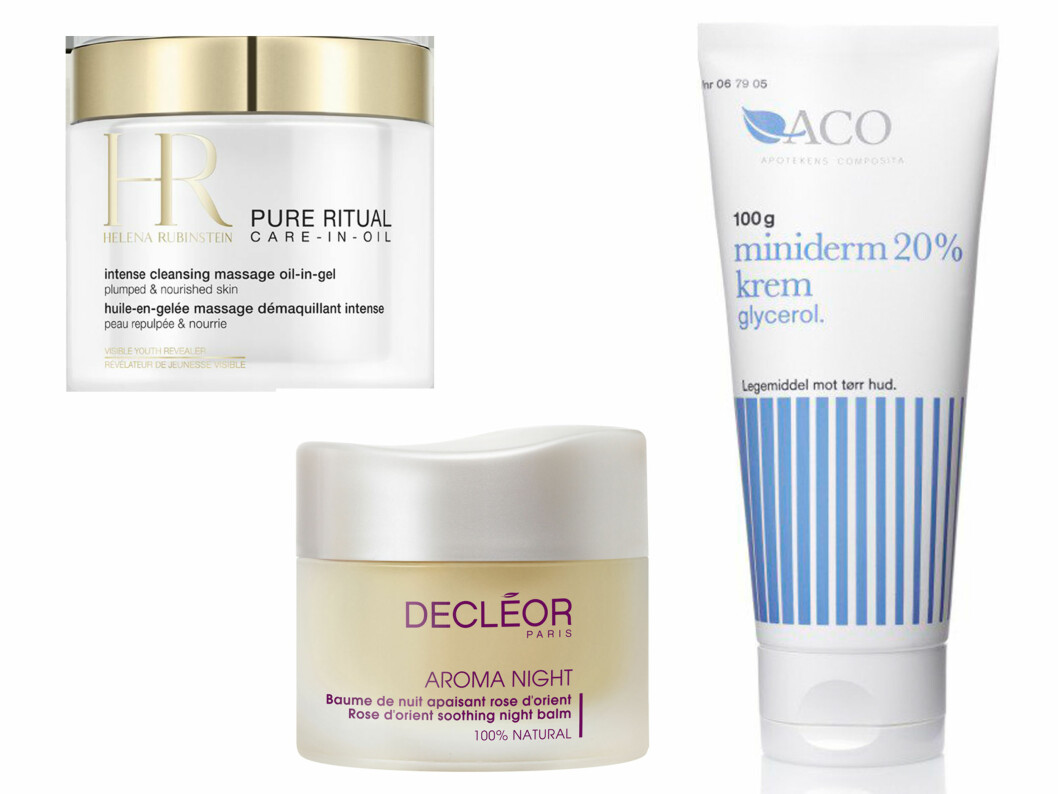 RENS FOR SENSITIV HUD: Oljerens som gjør huden myk (kr 645, Helena Rubinstein, Intense Cleansing Massage Oil-in-Gel), beroligende nattbalm (kr 530, Decléor, Rose d’Orient Soothing Night Balm) og fuktighetskrem for veldig tørr hud (kr 110, Aco, Miniderm 20% krem). Foto: Produsentene RENS FOR SENSITIV HUD: Oljerens som gjør huden myk (kr 645, Helena Rubinstein, Intense Cleansing Massage Oil-in-Gel), beroligende nattbalm (kr 530, Decléor, Rose d’Orient Soothing Night Balm) og fuktighetskrem for veldig tørr hud (kr 110, Aco, Miniderm 20% krem). Foto: Produsentene